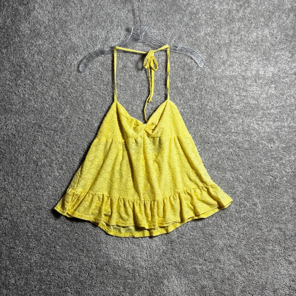 Yellow Floral Eyelet Halter Babydoll Top Ruffle Hem Sz M sz2503087311474